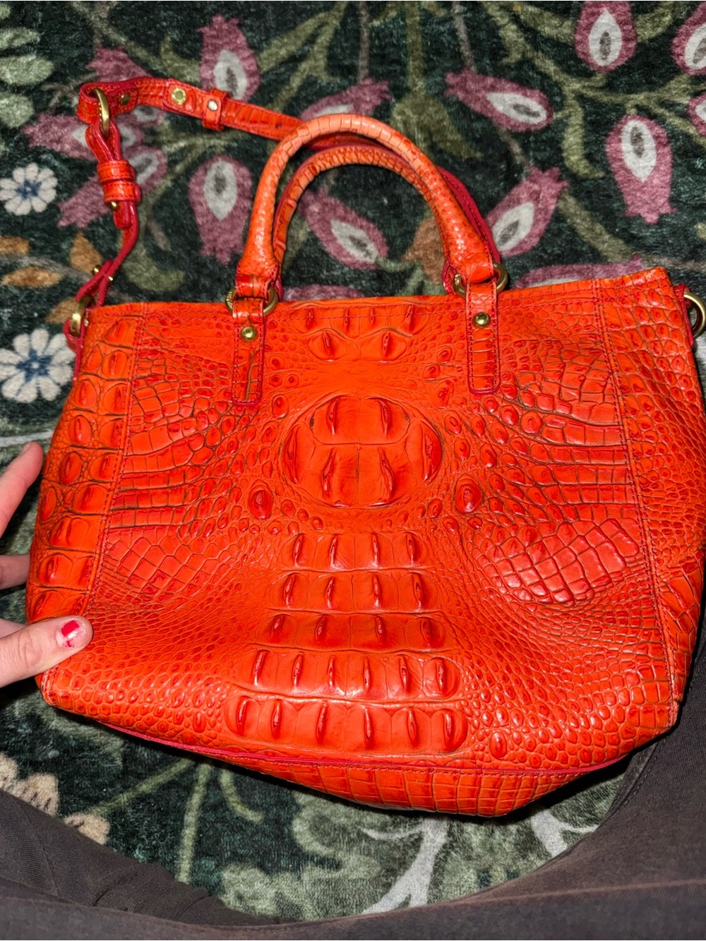 Brahmin Bright Orange Croc-Embossed Leather Satchel - Picture 12 of 15